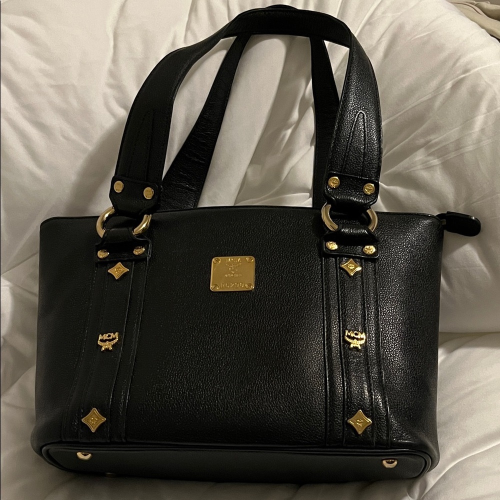MCM Black Leather Shoulder Bag with Gold Hardware